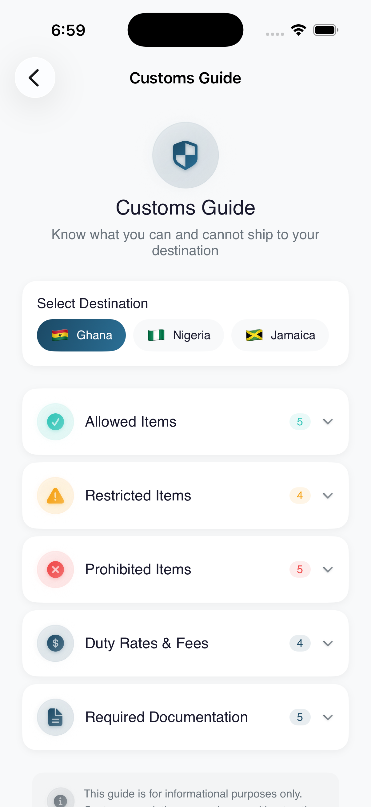 Customs guide — Allowed and restricted items by destination country.