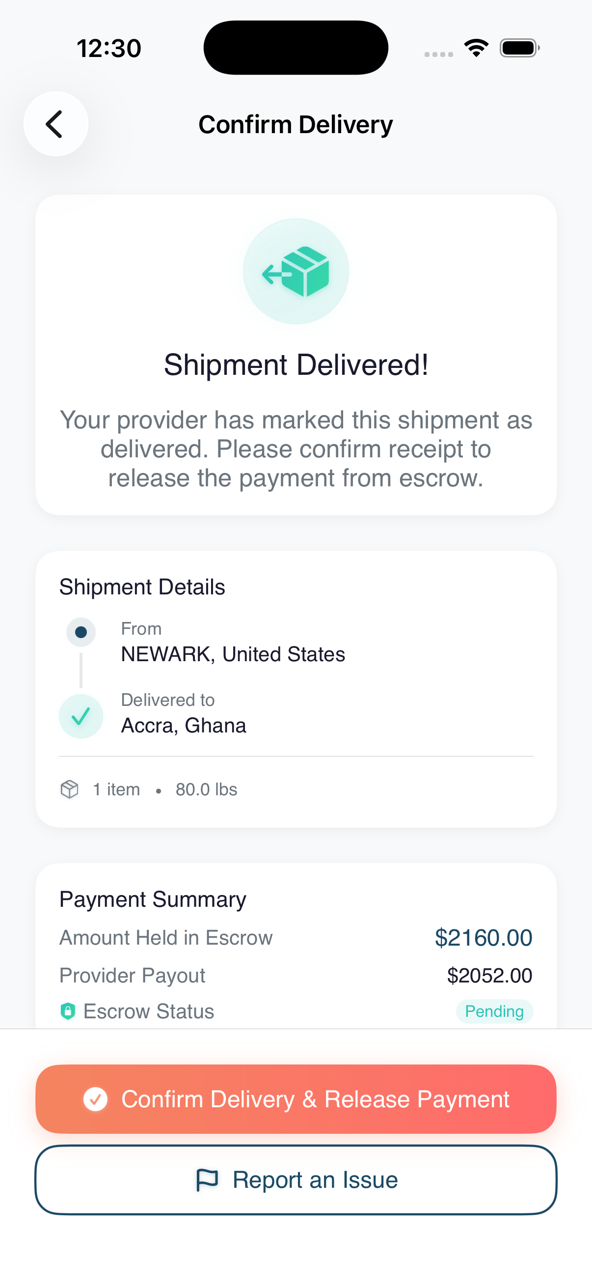 Escrow release — Funds release to your provider only when you confirm delivery.