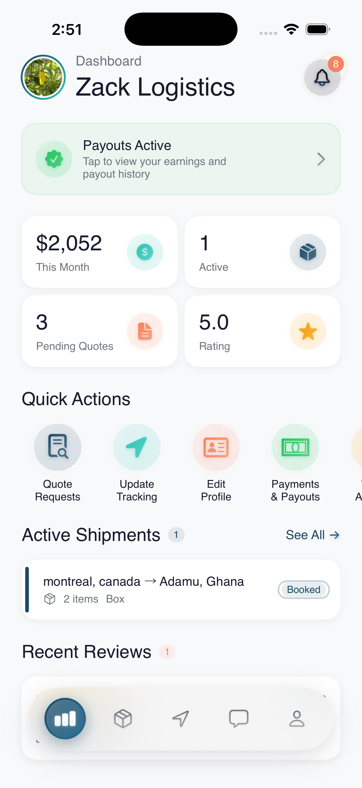 Provider dashboard — Providers manage active shipments, earnings, and quick actions.