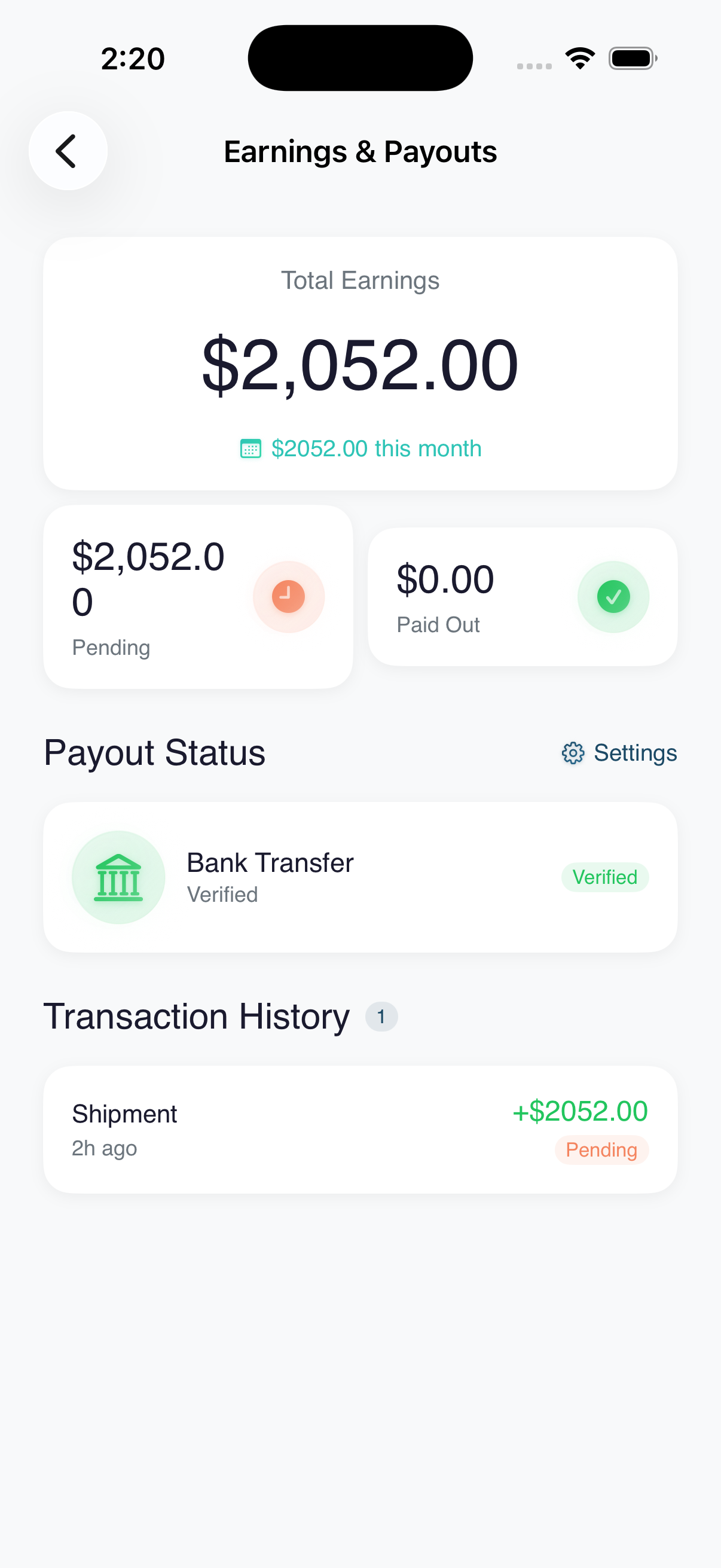 Earnings & payouts — Track total earnings and full transaction history.