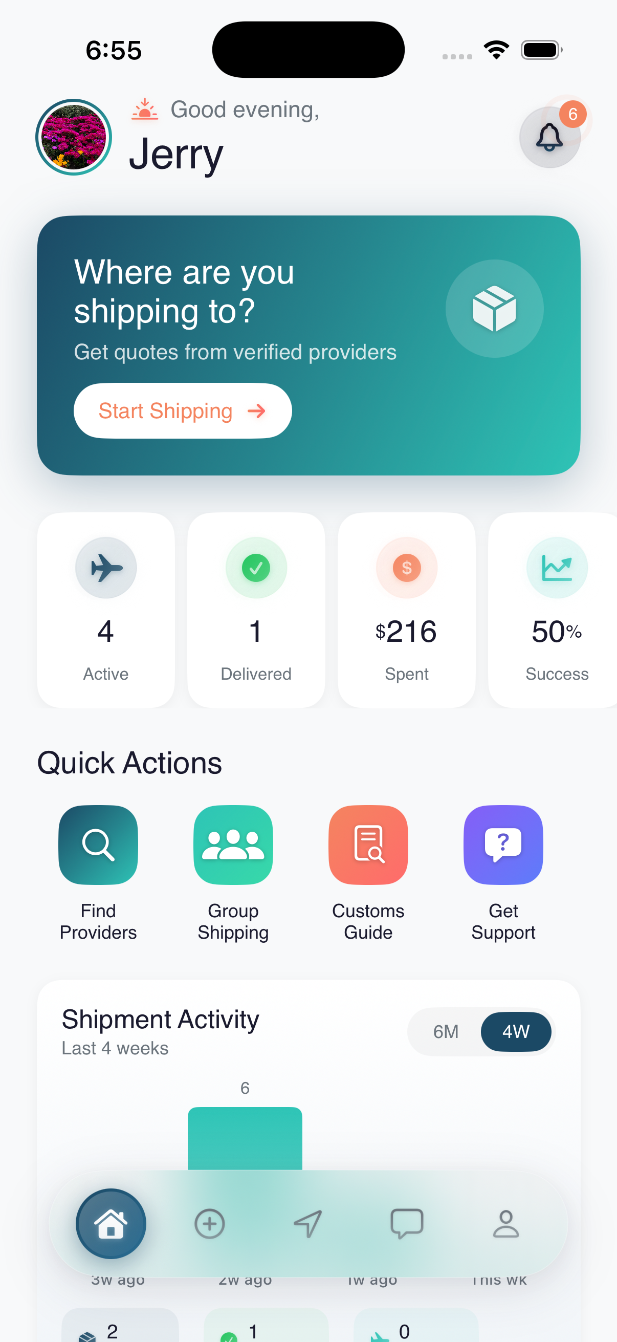 BarrelDrop sender home dashboard showing active shipments and quick actions